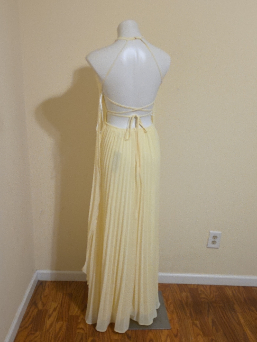 Lulu's Pale Yellow Halter Pleated Maxi Dress
